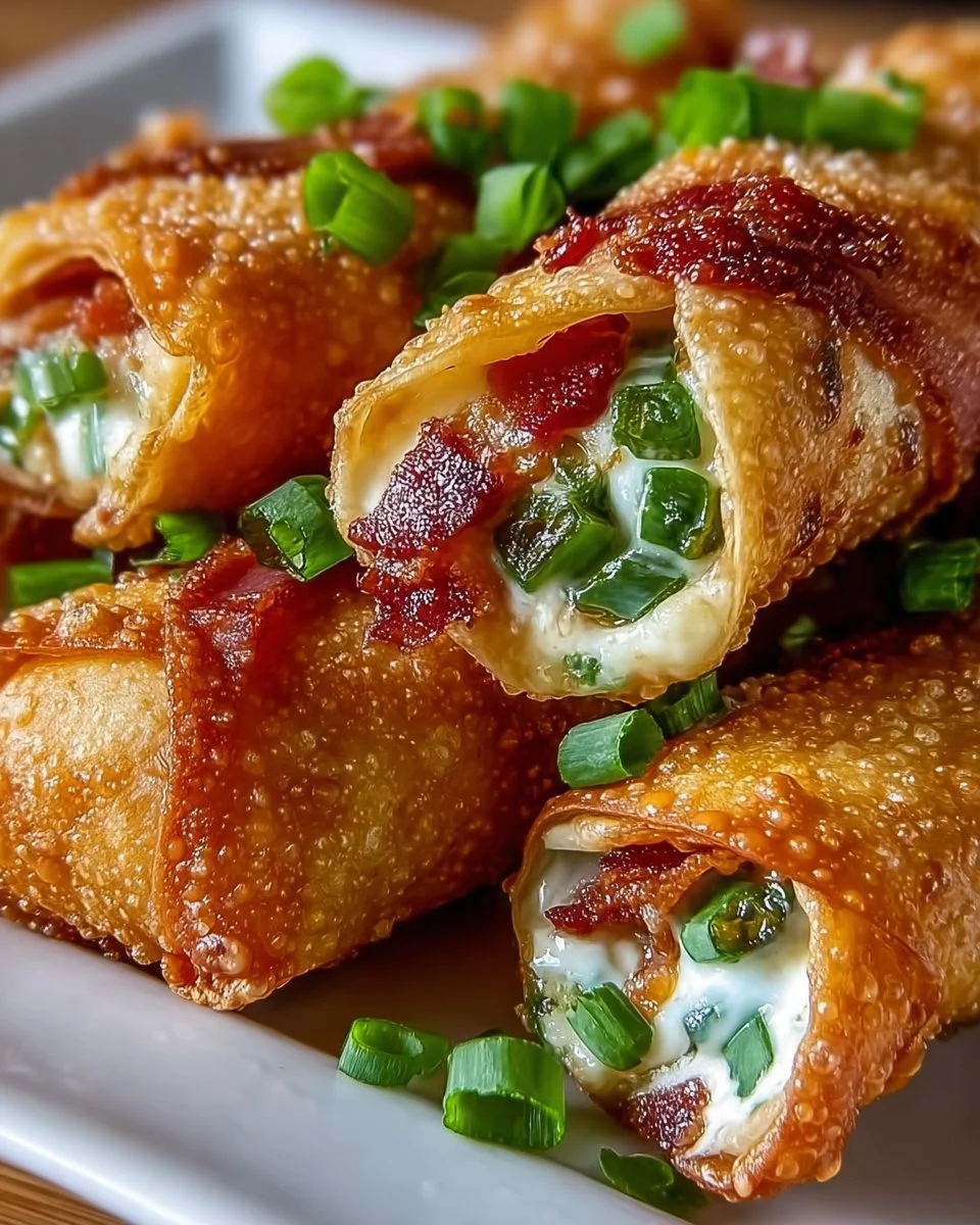 Crispy Bacon Jalapeño Popper Egg Rolls served with a dipping sauce