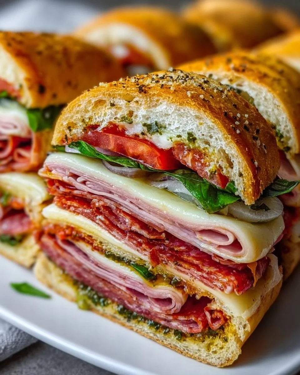 Baked Italian Grinder Sandwiches fresh from the oven, filled with meats and cheeses