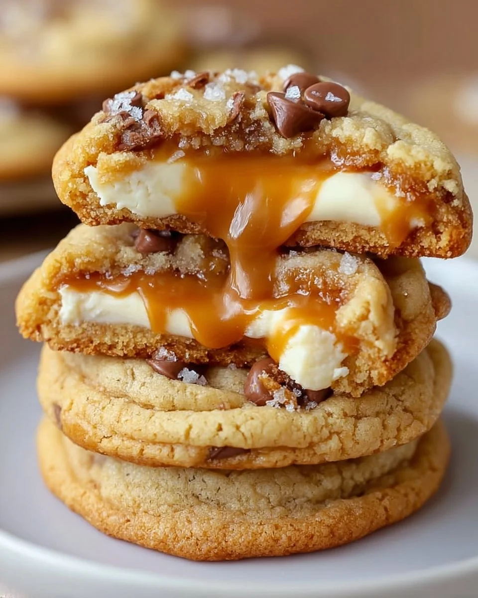 Delicious caramel cheesecake cookies with creamy filling and caramel drizzle