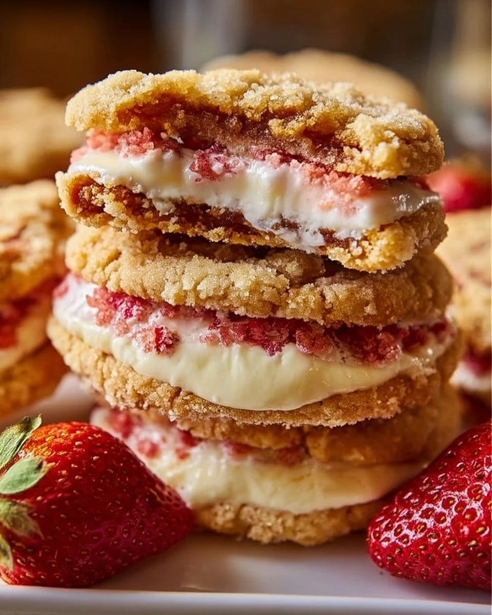 Cheesecake stuffed cookies with strawberry crunch topping on a plate