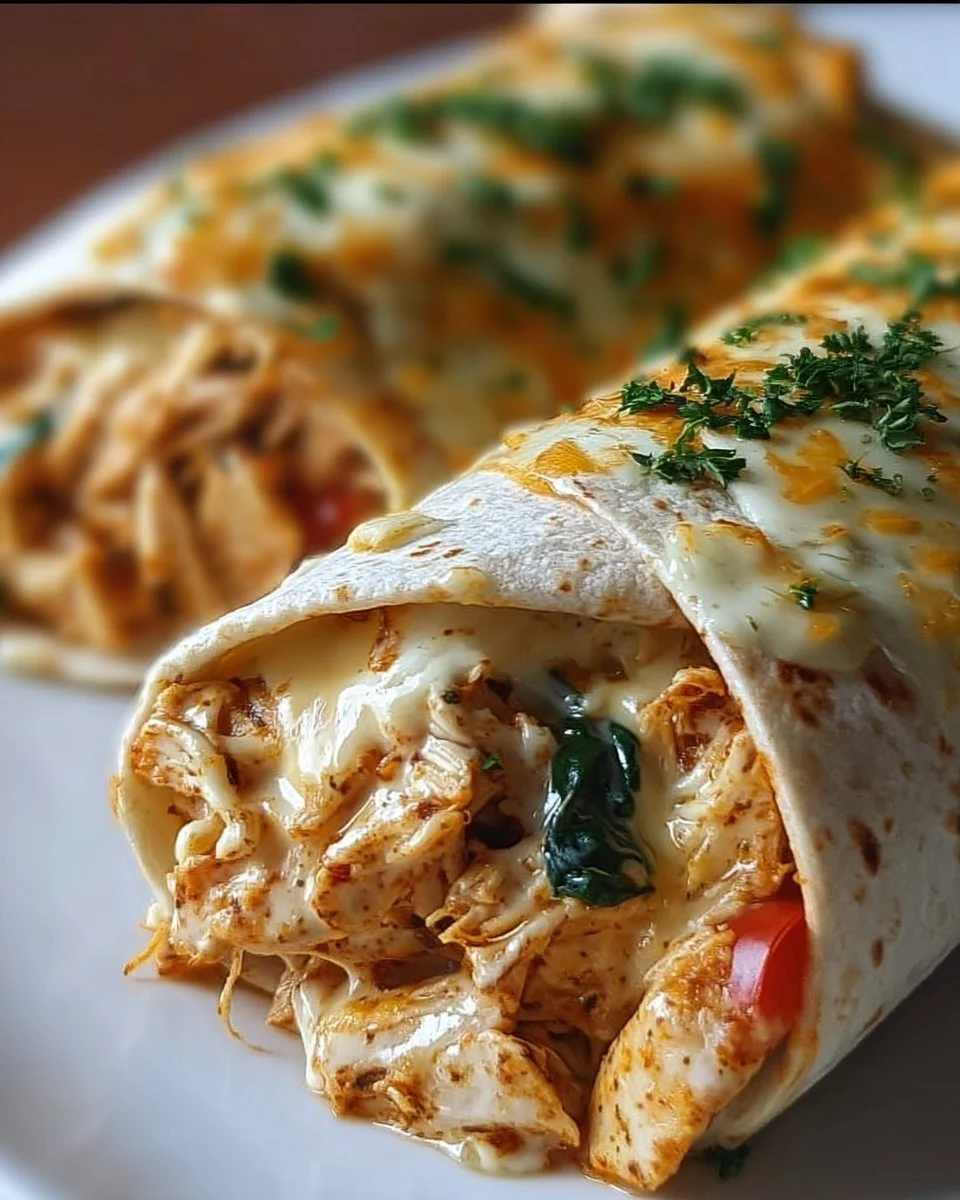 Chicken and spinach tortilla wraps served on a plate with fresh ingredients.