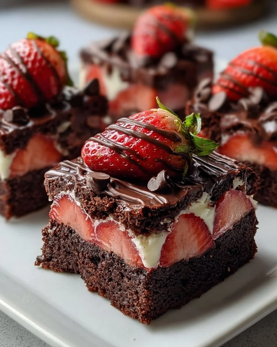 Delicious chocolate covered strawberry brownies with fresh strawberries on top.