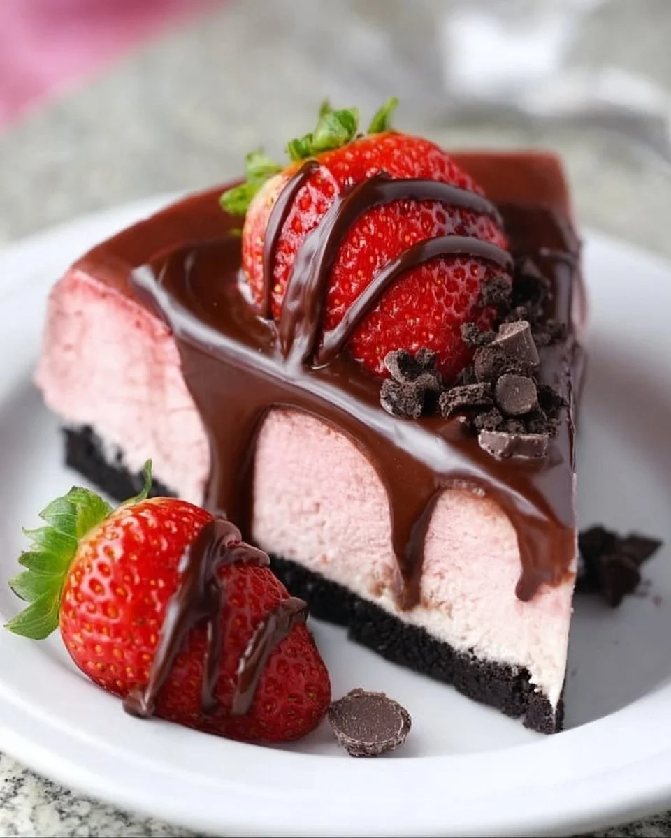 Slice of chocolate covered strawberry cheesecake topped with fresh strawberries
