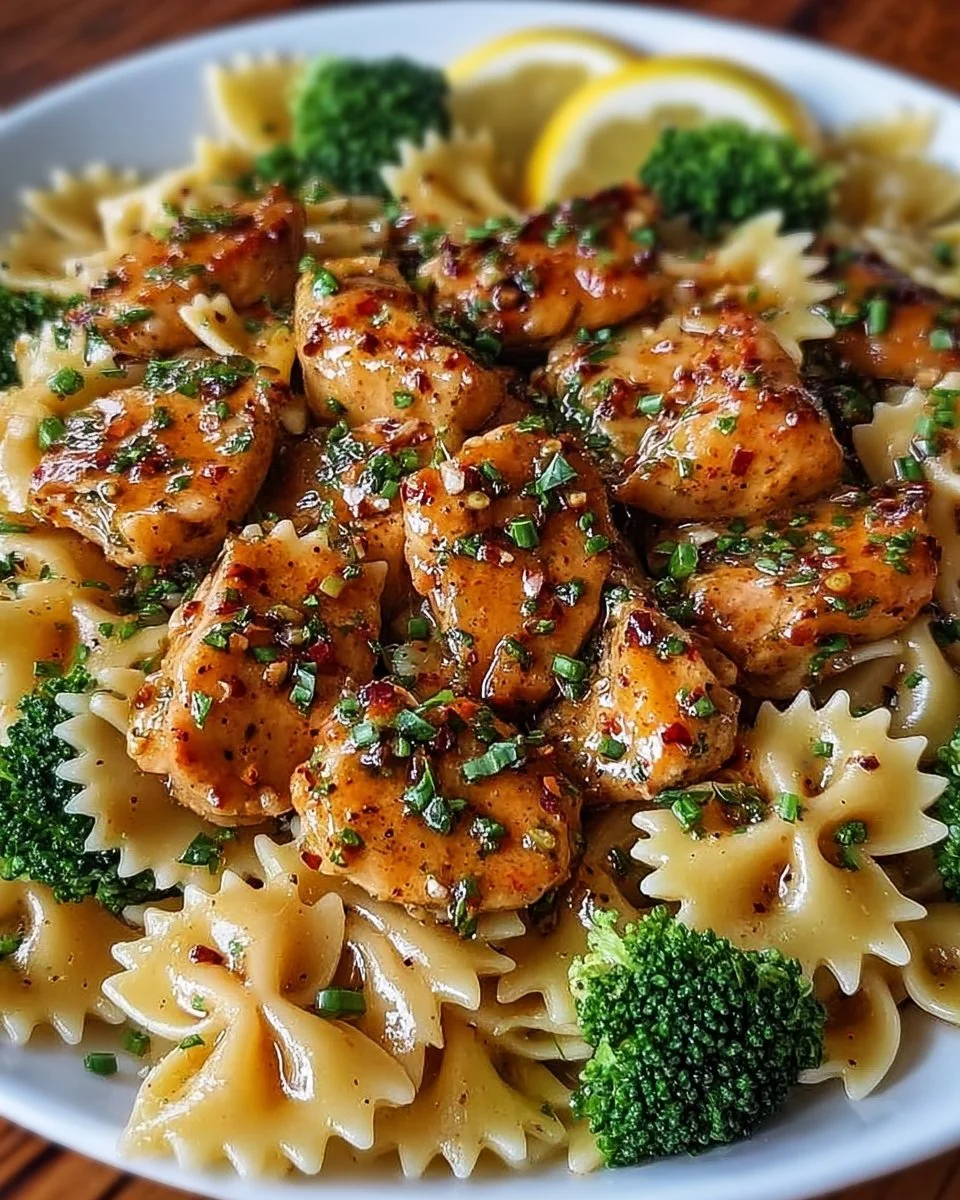 Cowboy Butter Lemon Bowtie Chicken served with broccoli on a plate