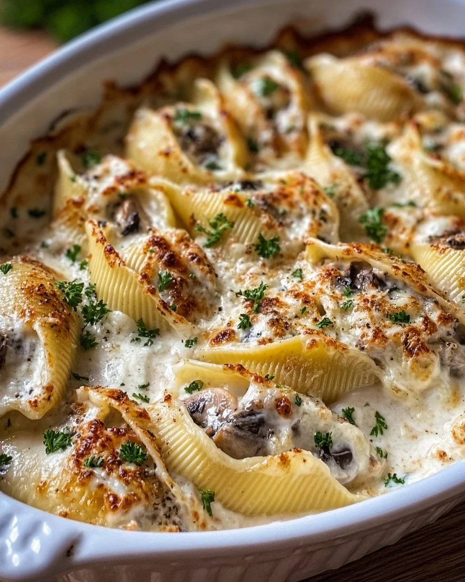 Creamy garlic mushroom stuffed shells served on a plate with herbs