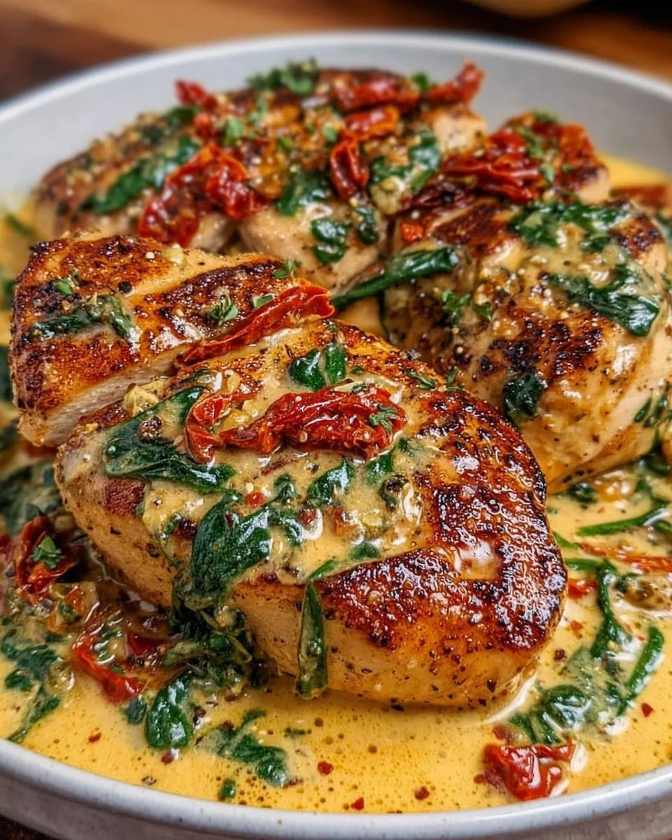 Creamy Keto Tuscan Chicken with spinach in a dish ready to serve