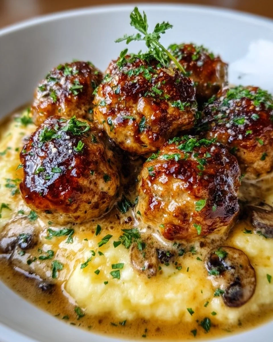 Creamy mushroom chicken meatballs served with pasta and garnished with parsley.