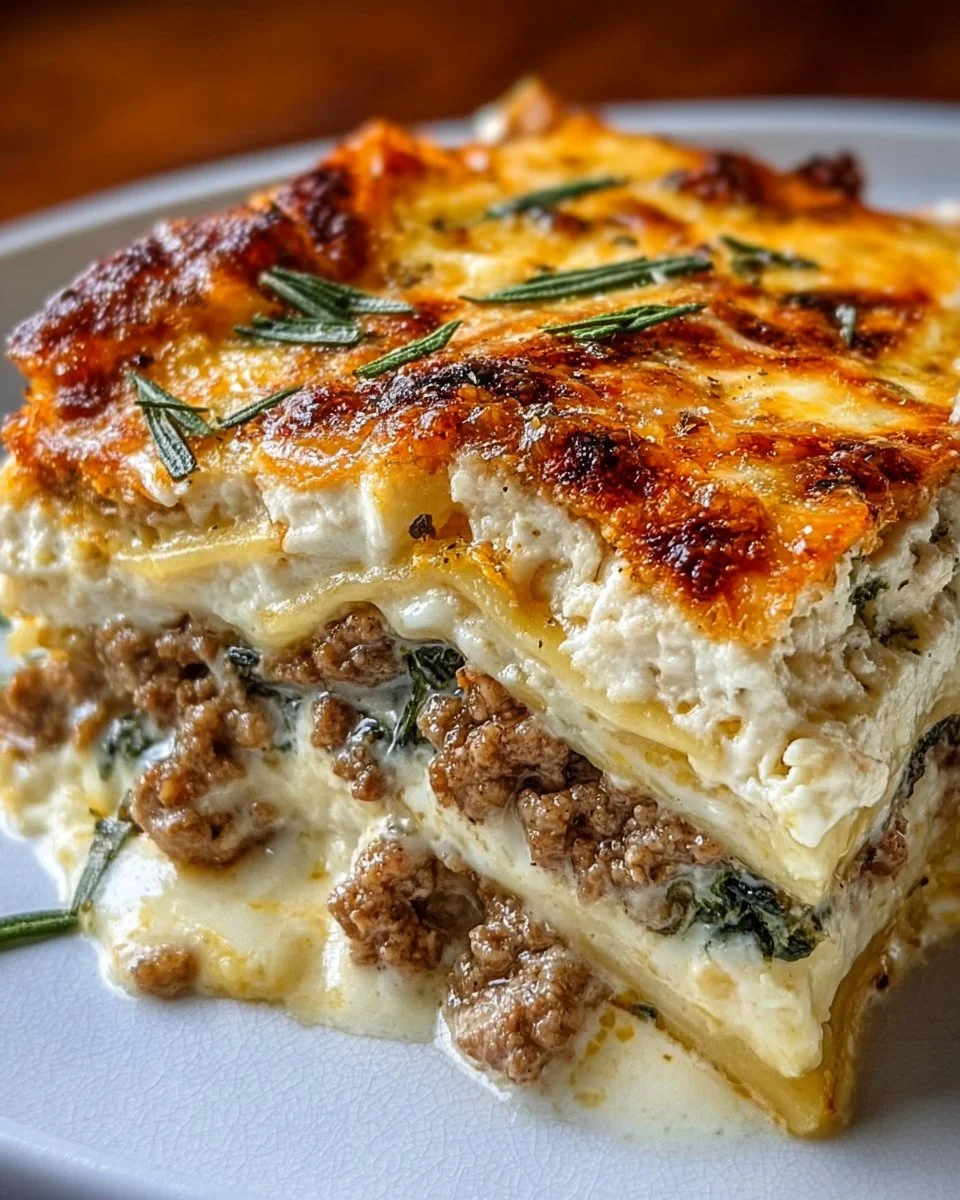 Creamy white keto lasagna made with low-carb ingredients for a family-friendly meal