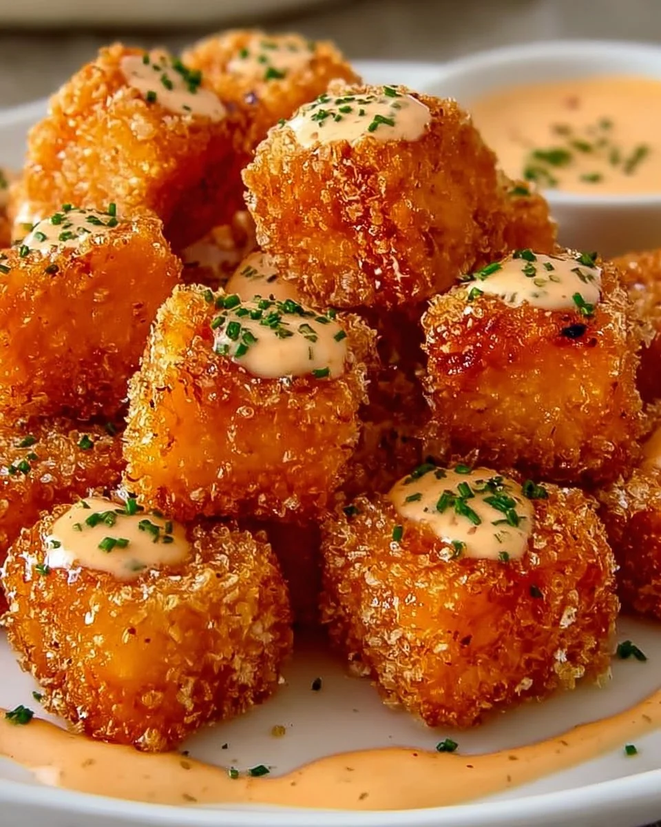 Crispy Bang Bang Salmon Bites served on a plate with dipping sauce