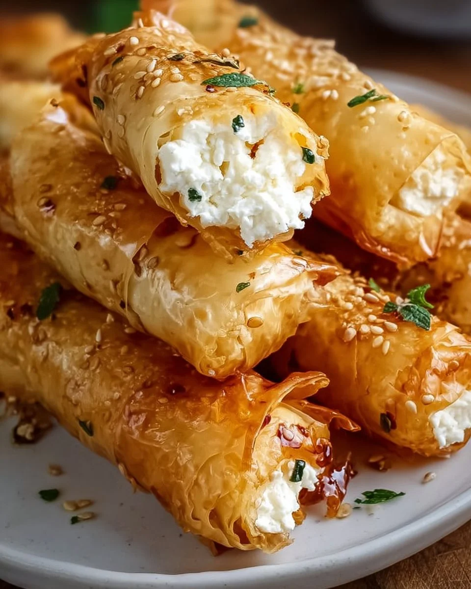Plate of delicious and crispy feta rolls garnished with herbs