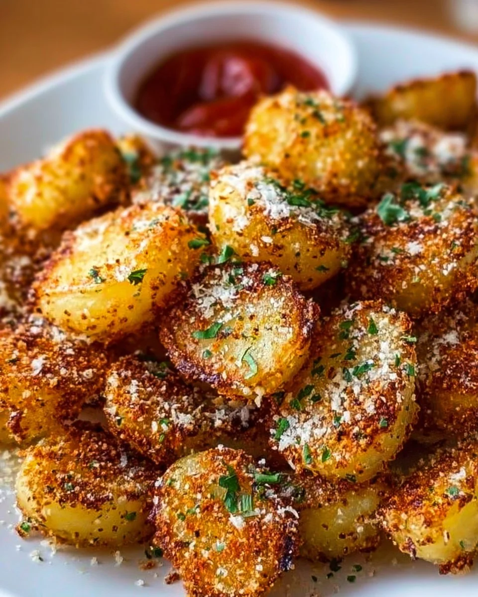 Crispy garlic parmesan potatoes served on a plate with herbs
