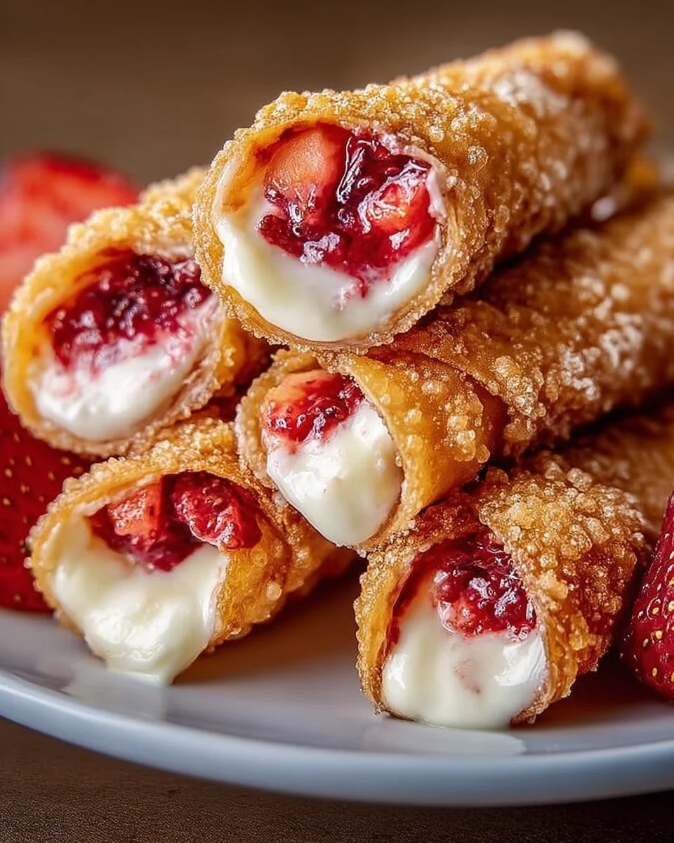 Plate of crispy strawberry cheesecake eggrolls with fresh strawberries on the side