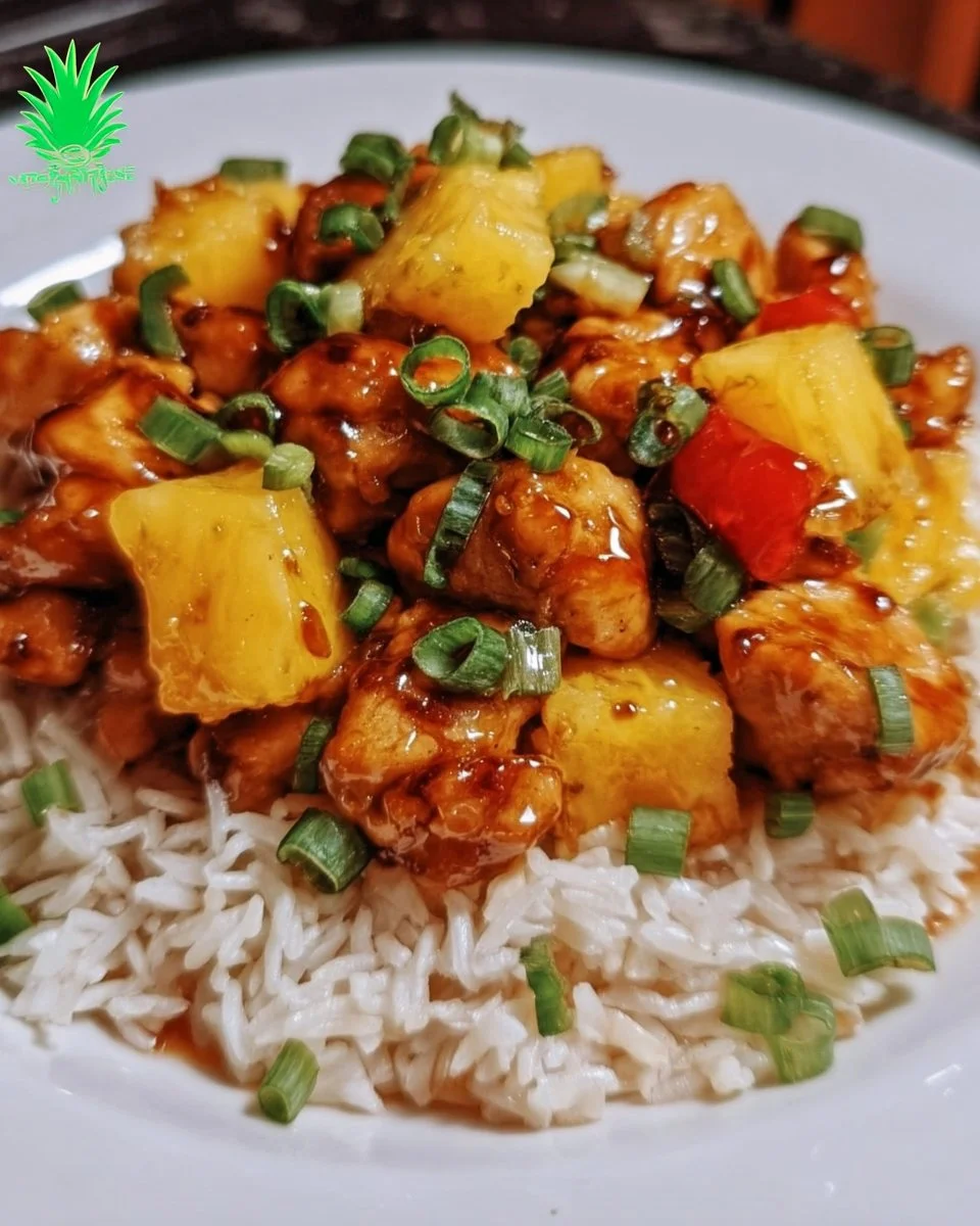 Easy pineapple chicken with rice in a one-pan dinner, sweet and savory dish.