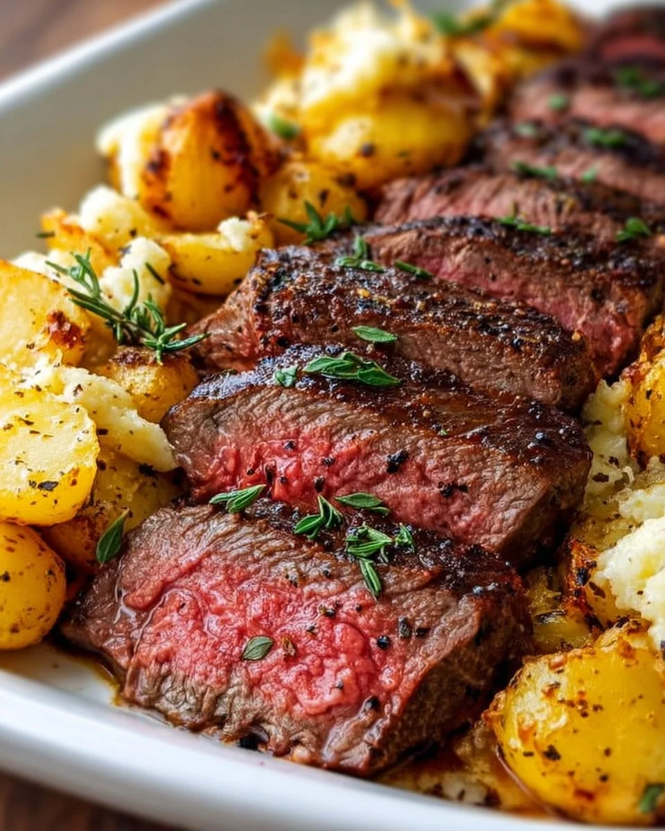 Delicious Garlic Butter Steak served with Cheddar Potato Bake on a plate