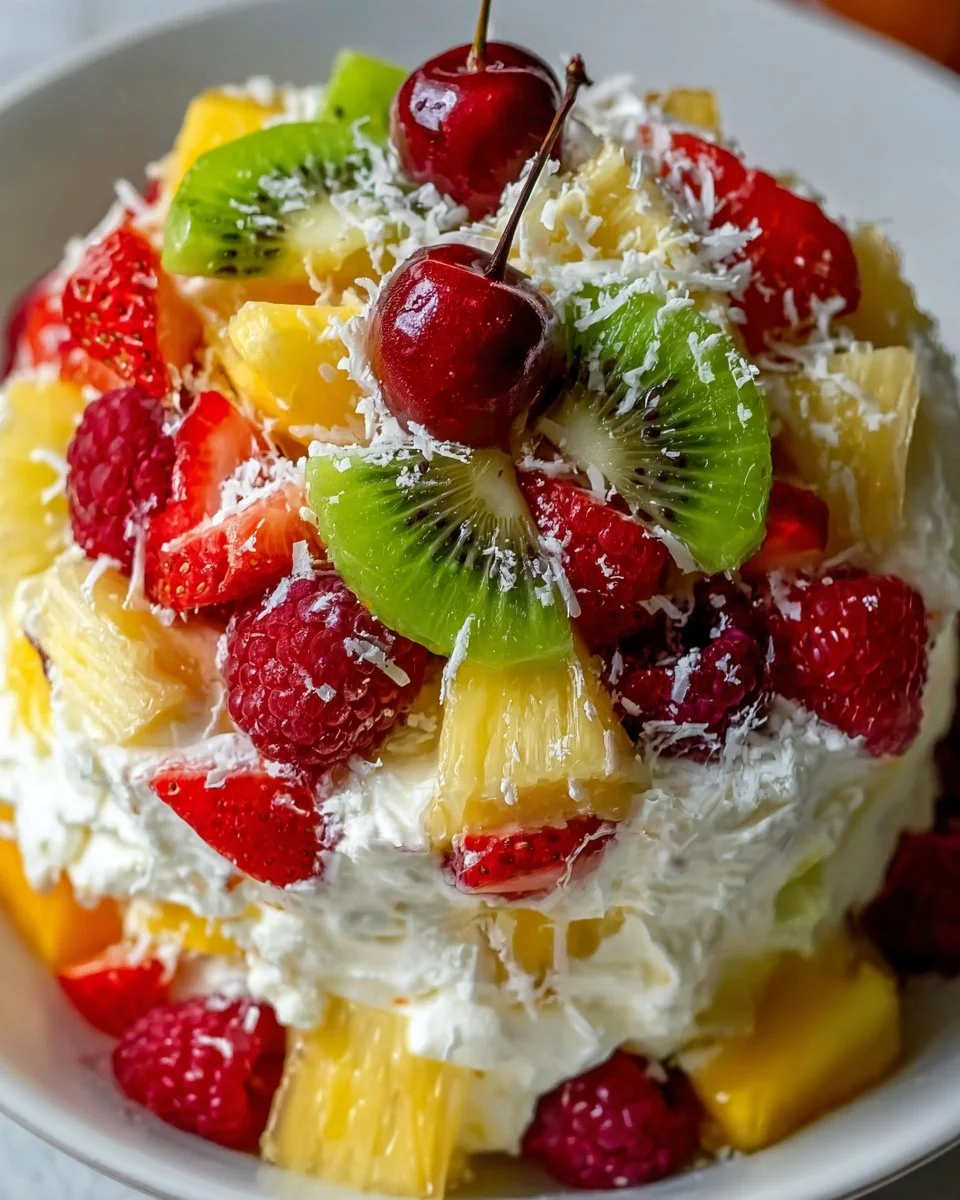 Delicious Hawaiian Cheesecake Salad with tropical fruits and creamy cheesecake