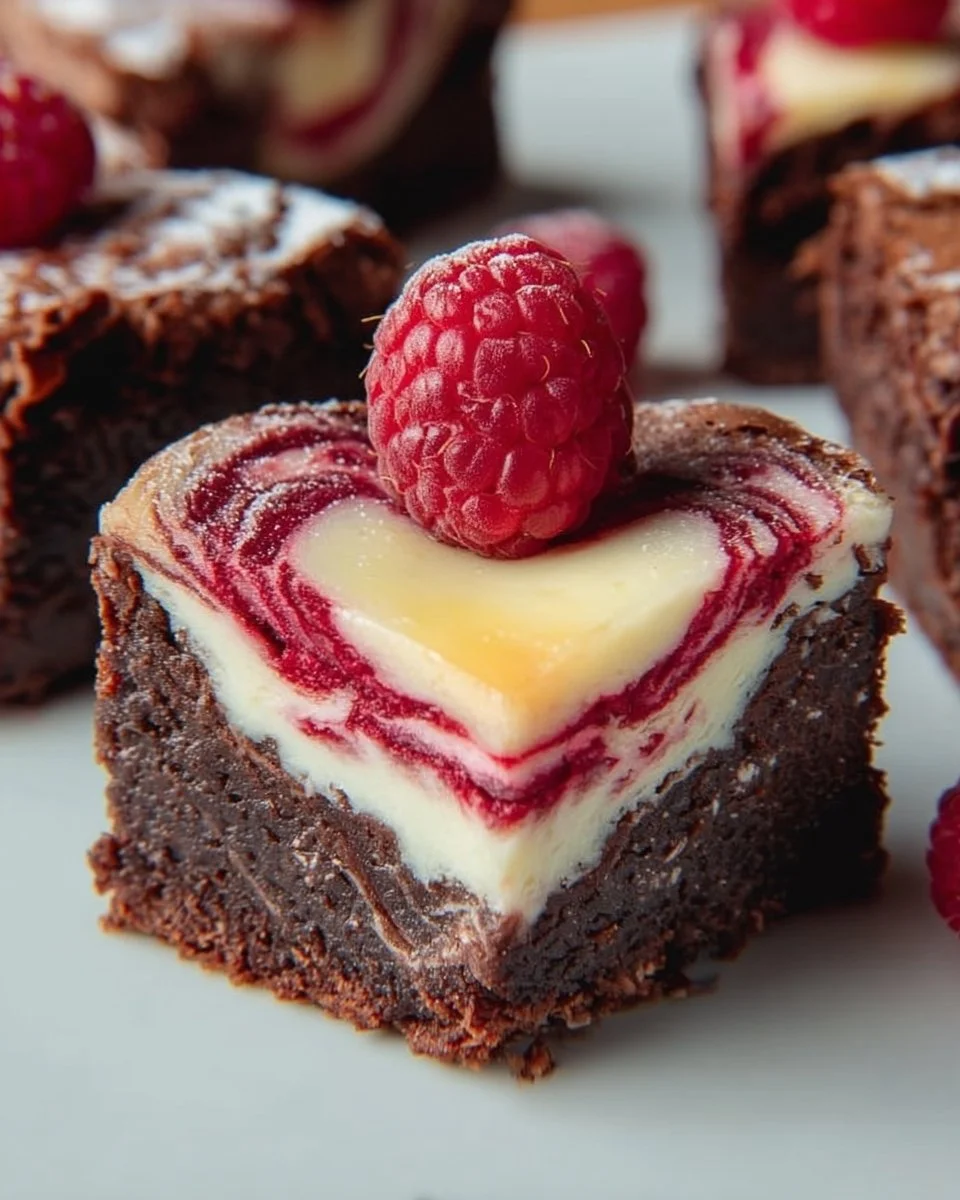Heart shaped brownies with raspberry swirl and cheesecake topping
