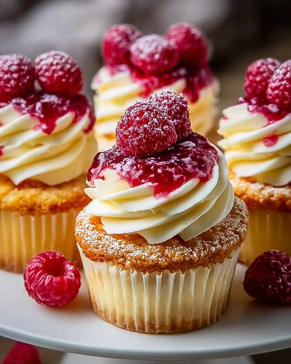 Delicious raspberry cheesecake cupcakes topped with fresh raspberries.