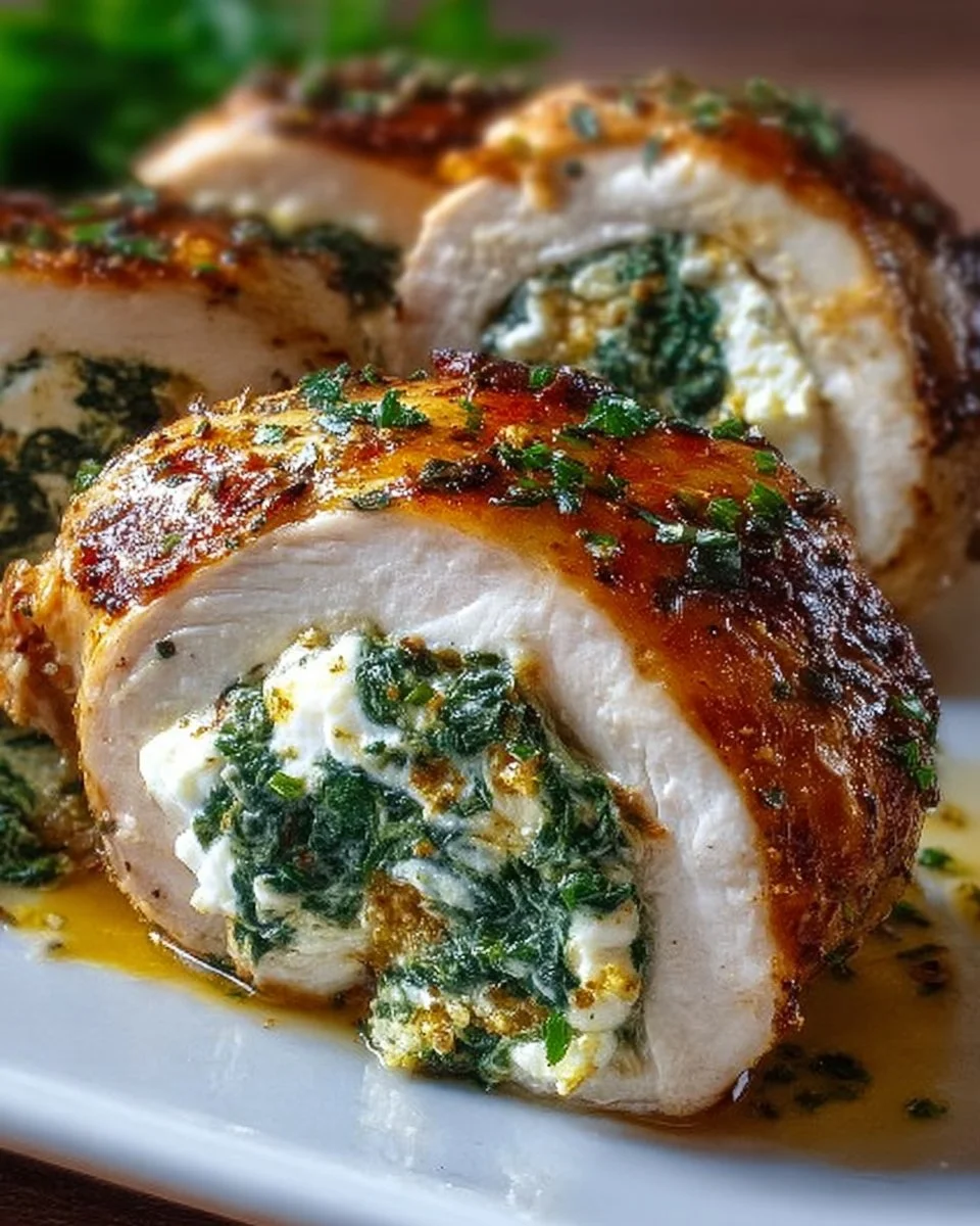 Herbed Ricotta Stuffed Chicken Rolls on a plate garnished with herbs