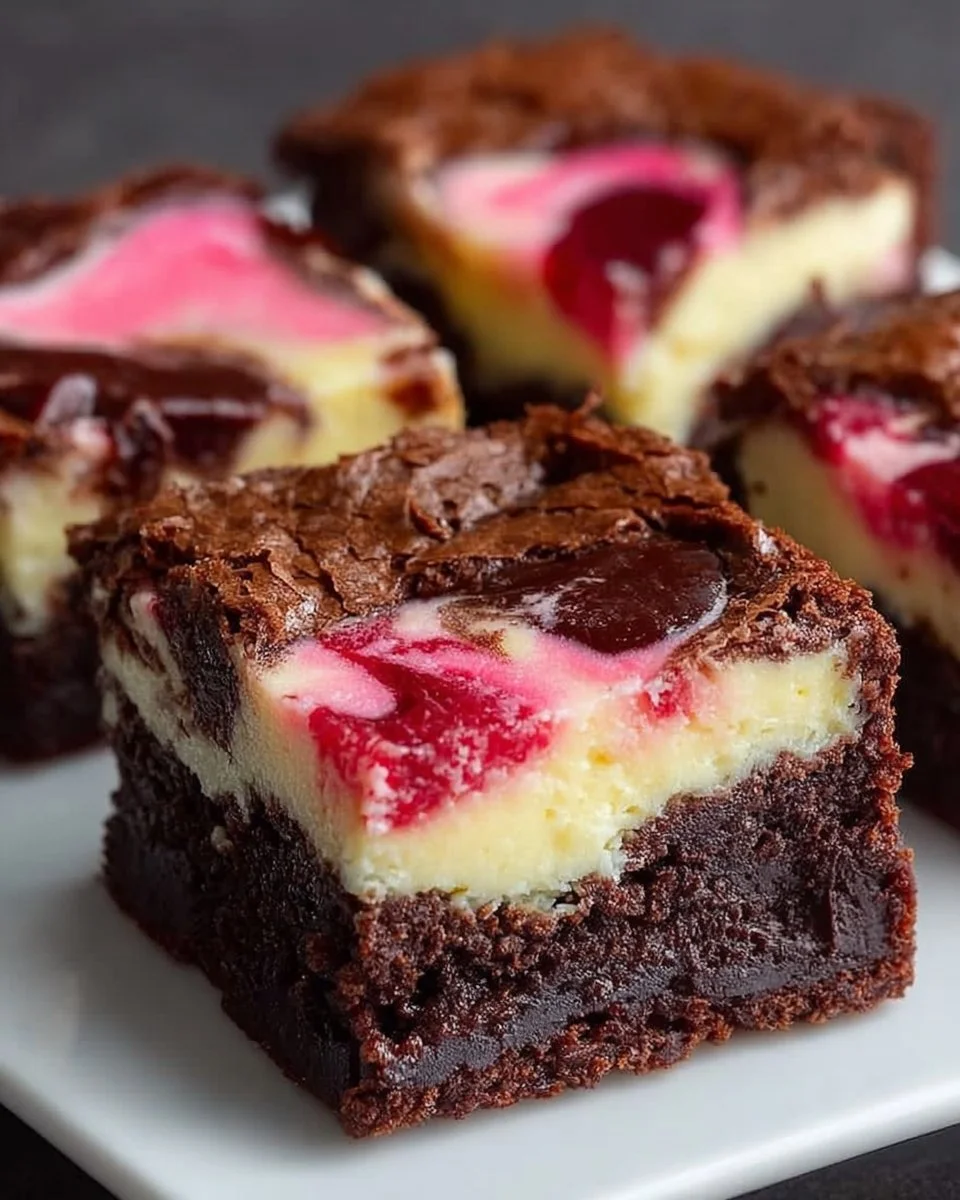Valentine's Day cheesecake brownies prepared and served on a festive plate
