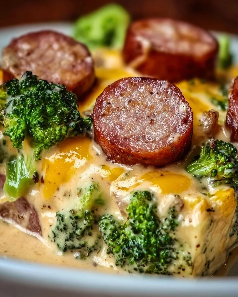Keto Au Gratin featuring broccoli, cauliflower, and sausage baked to perfection.