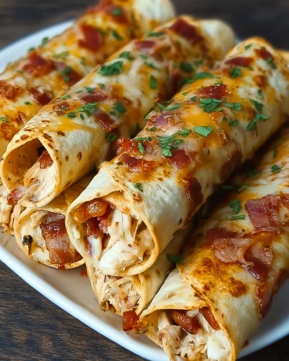 Keto Chicken Bacon Ranch Taquitos served on a plate, garnished with herbs.