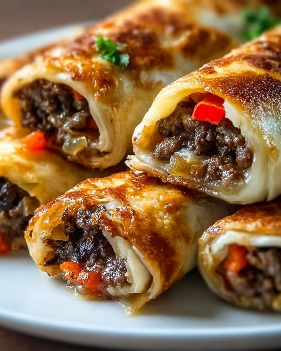 Keto Philly Cheesesteak Roll Ups with peppers and cheese on a plate