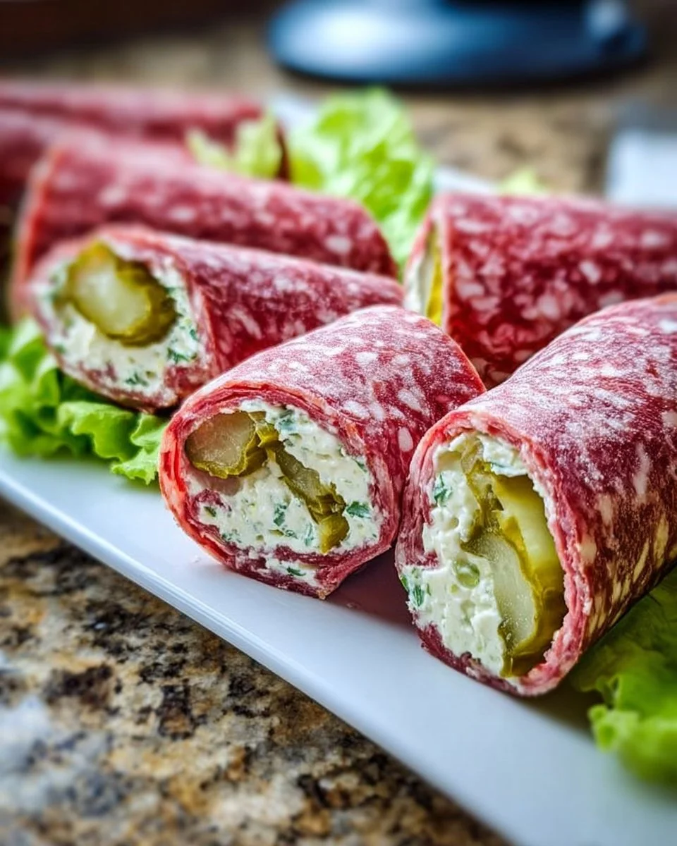 Keto Salami Roll Ups with cheese and veggies, low-carb appetizer.