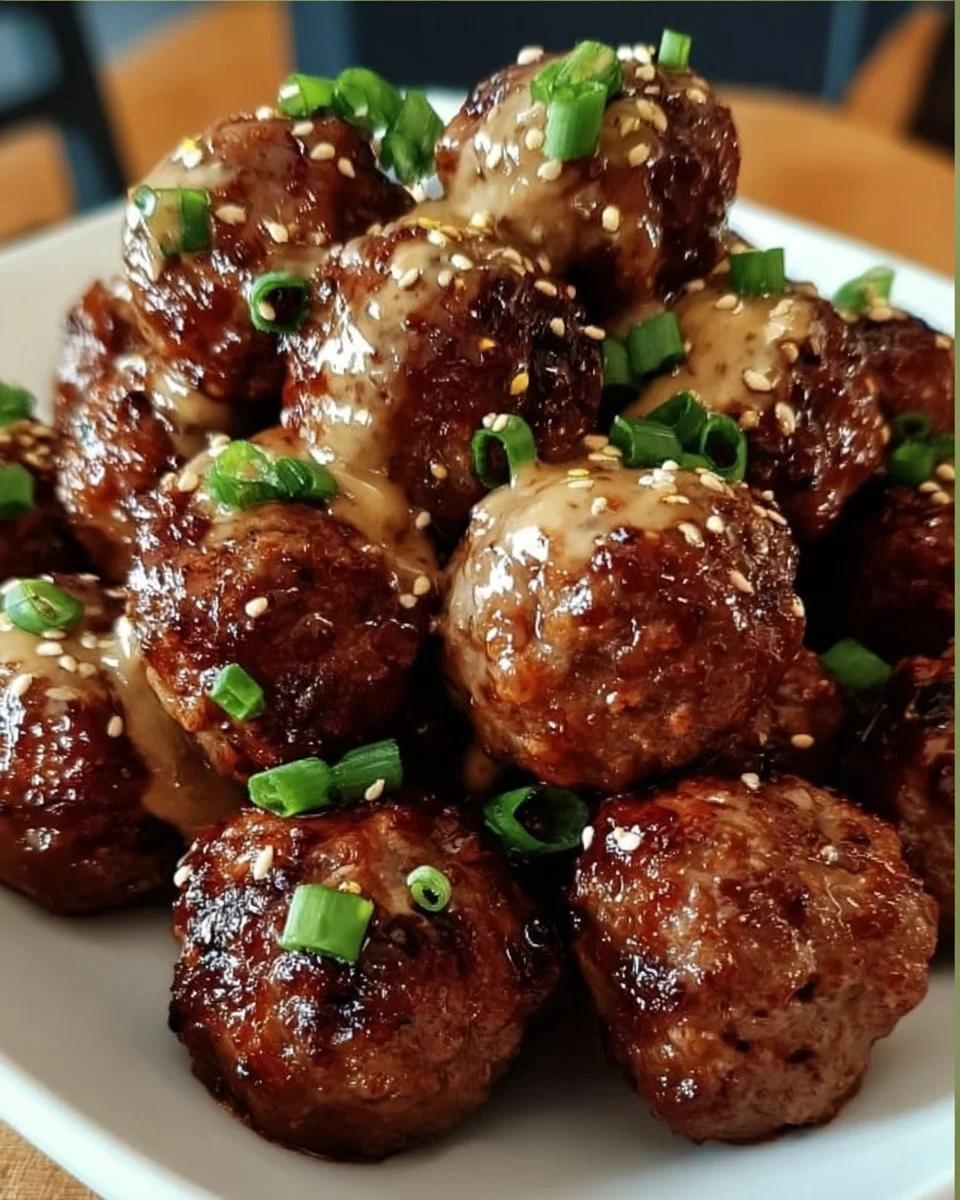 Korean BBQ meatballs garnished with green onions on a platter