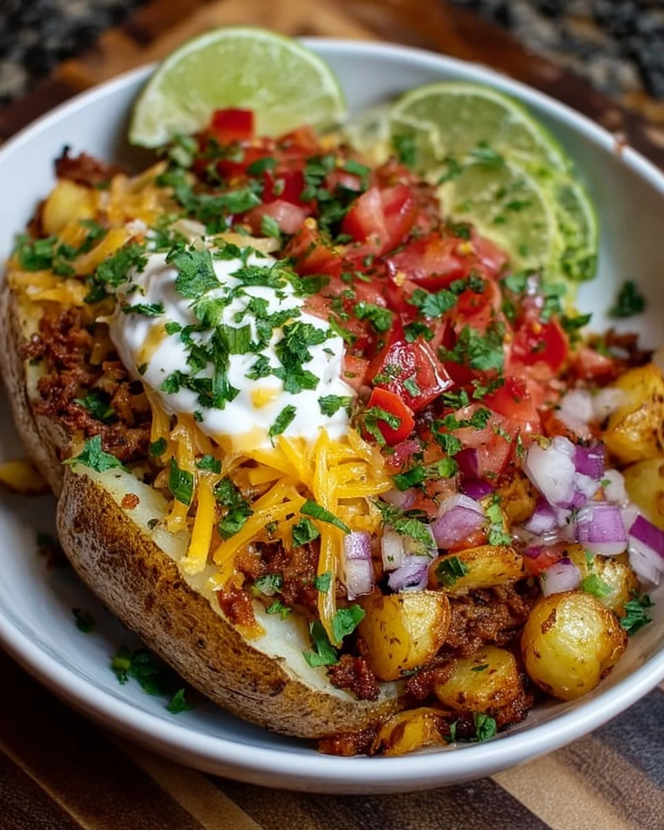 Loaded Potato Taco Bowl topped with cheese, sour cream, and fresh vegetables.