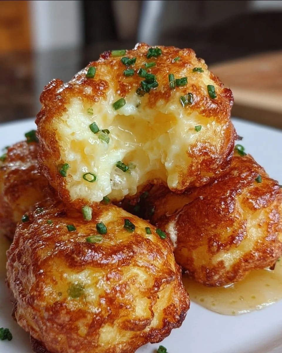 Golden Mashed Potato Cheese Puffs served on a plate, ready to be enjoyed.