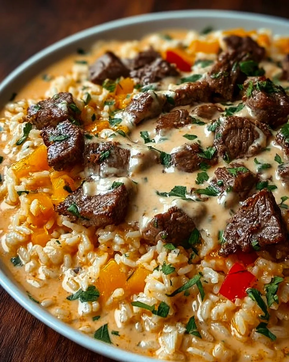One-Pan Steak Queso Rice dish garnished with cilantro and lime
