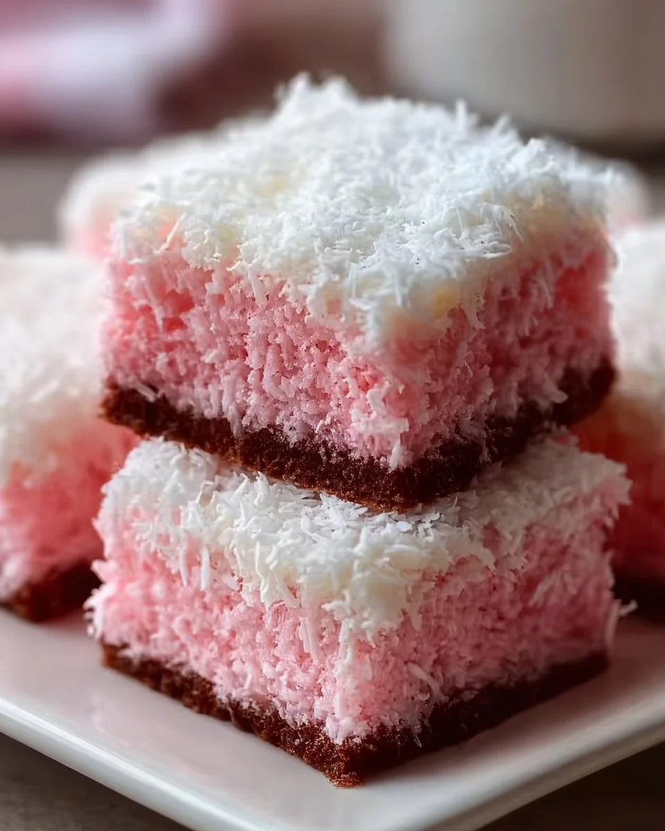 Pink Coconut Snowball Cake Bars topped with shredded coconut and pink frosting