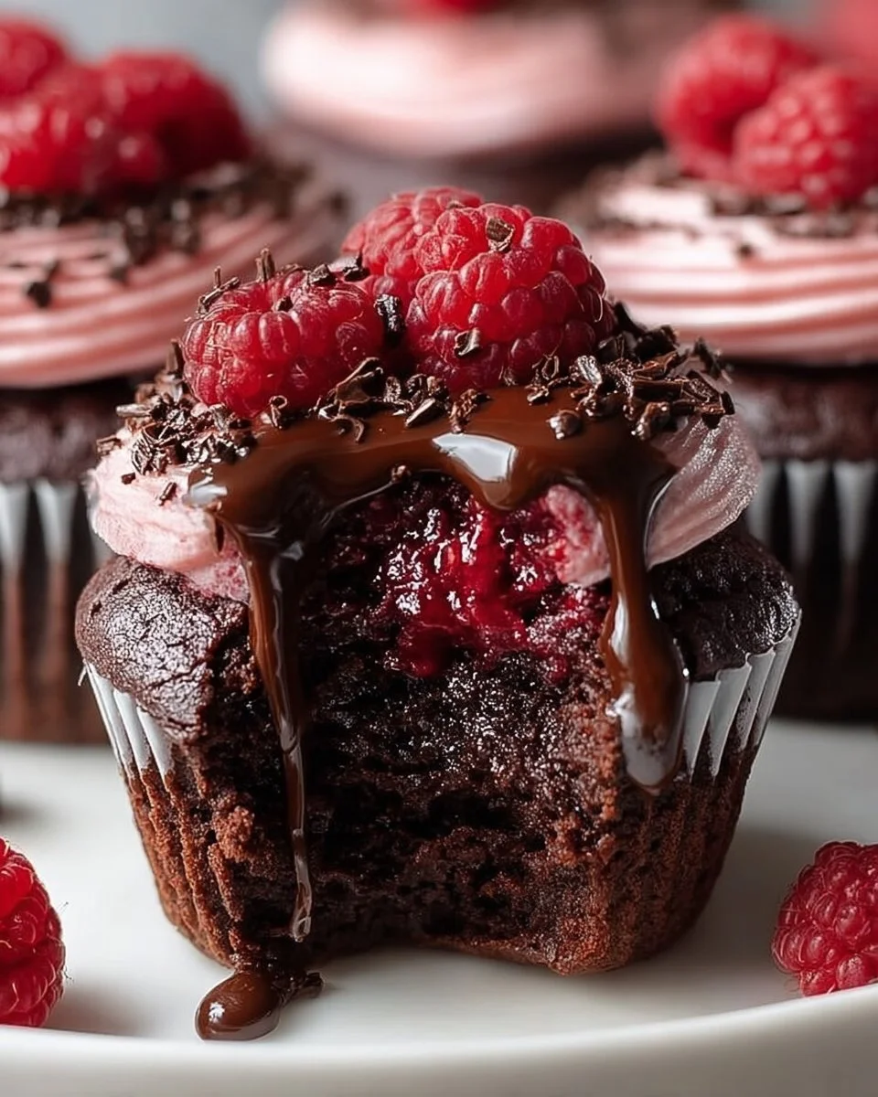 Raspberry Chocolate Lava Cupcakes with molten chocolate center and fresh raspberries