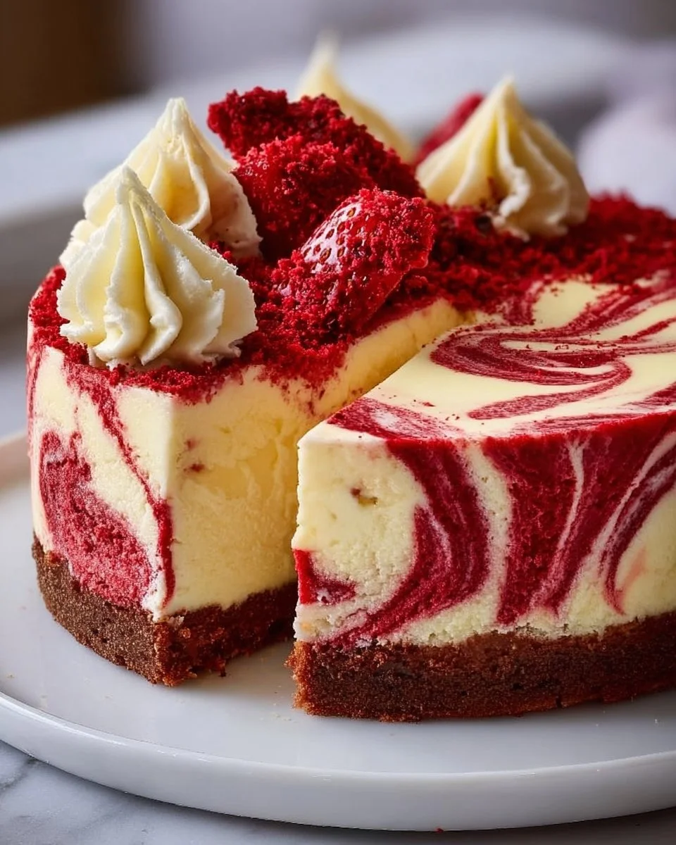 A delicious Red Velvet Cheesecake Swirl Cake with rich red layers and creamy frosting.