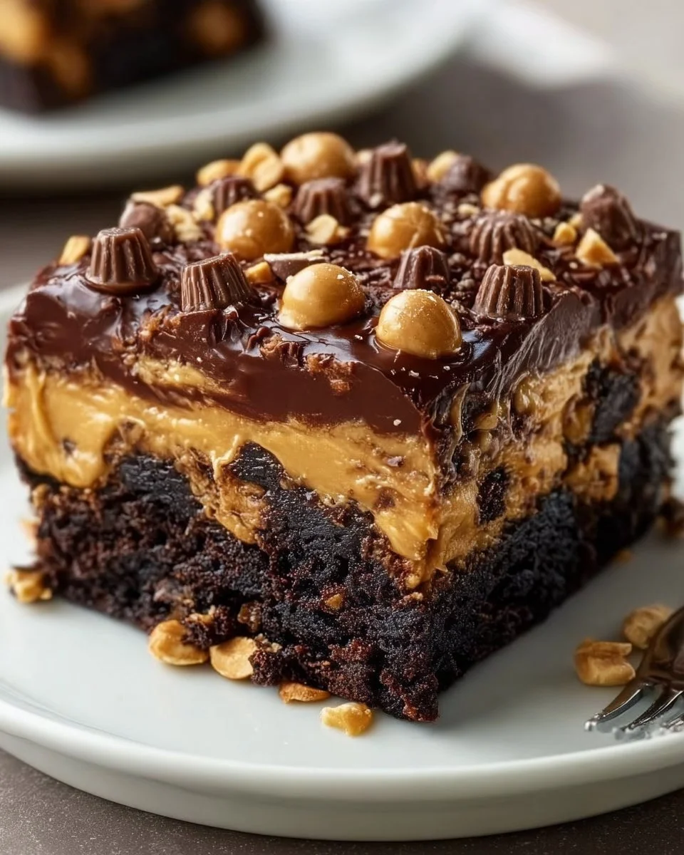 Delicious Reese's Chocolate Peanut Butter Earthquake Cake served on a plate.