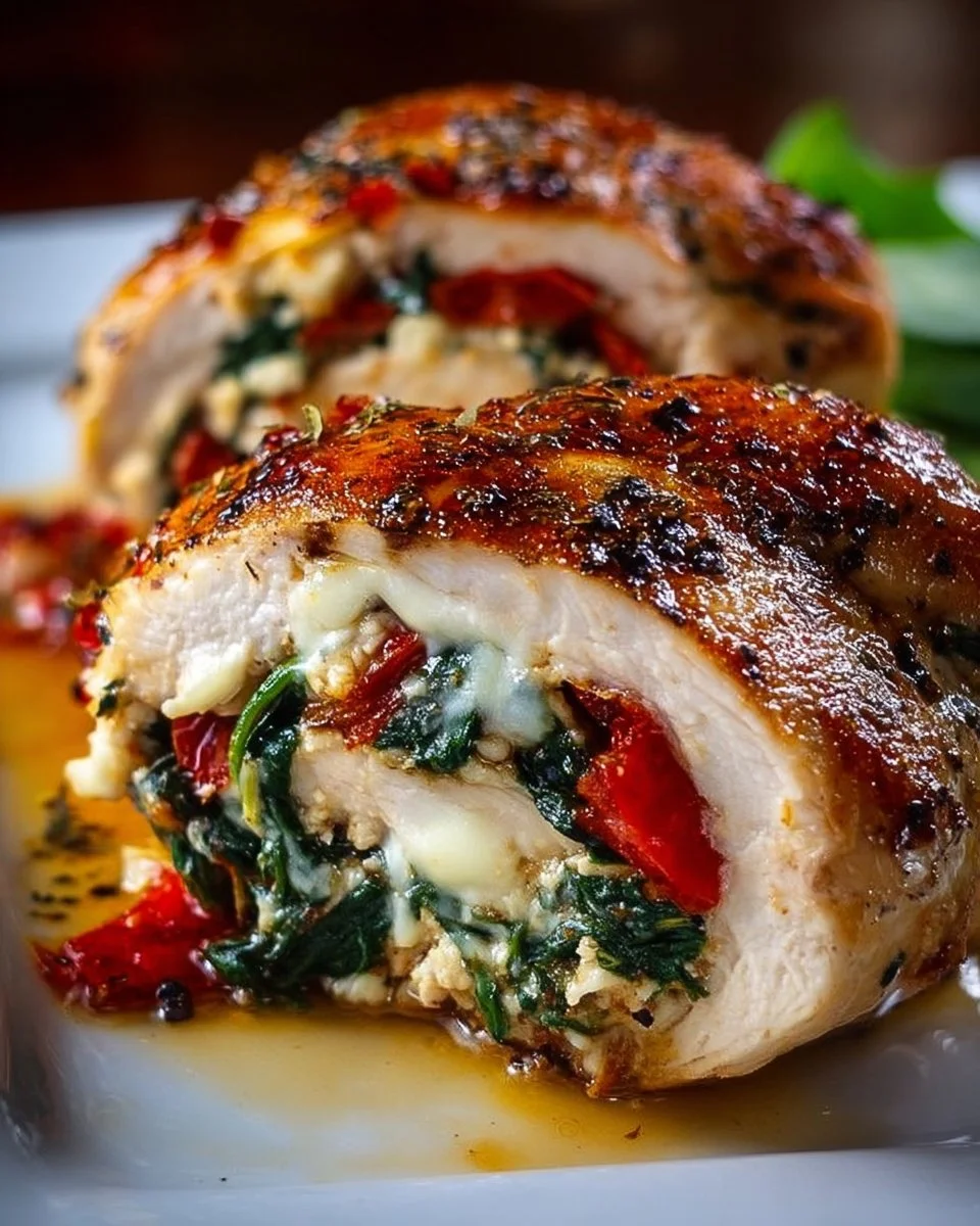 Roasted red pepper, spinach, and mozzarella stuffed chicken on a plate