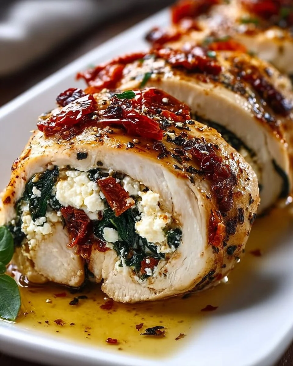Rolled up chicken stuffed with feta cheese, spinach, and sun-dried tomatoes