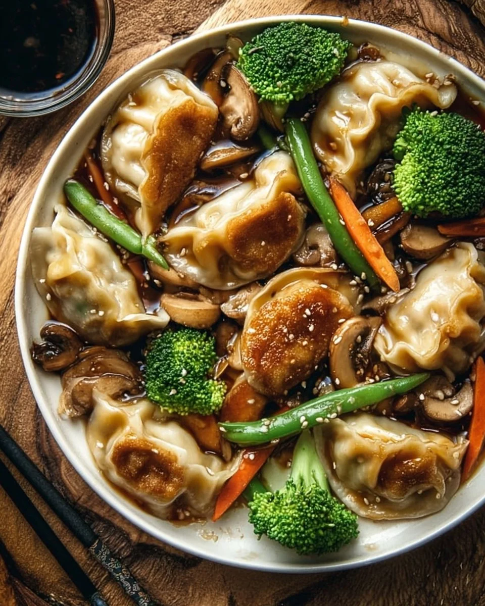 Delicious potsticker stir fry featuring colorful vegetables and savory dumplings