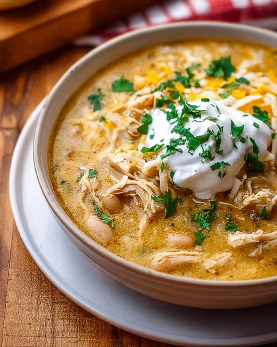 Bowl of simple keto white chicken chili garnished with cilantro