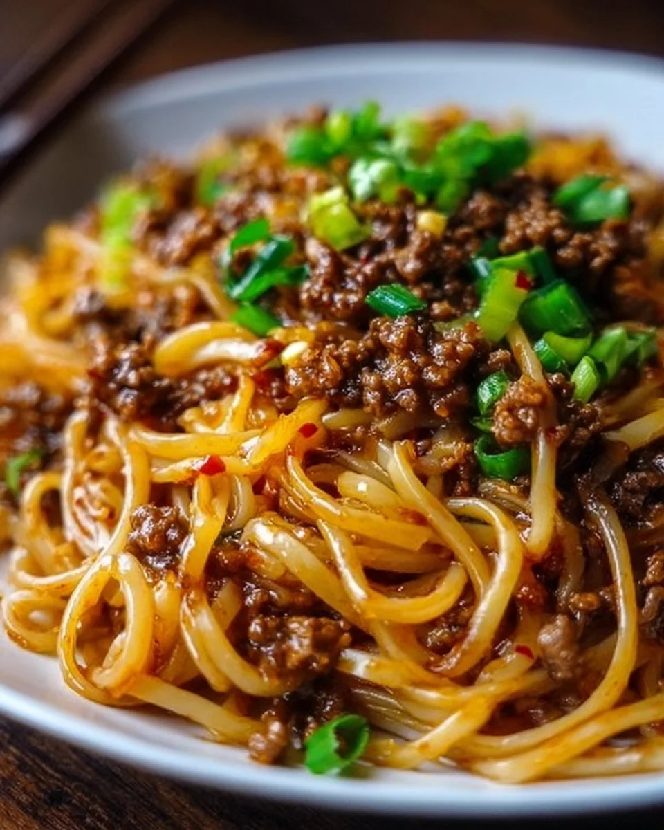 A plate of spicy beef stir-fried linguine with colorful vegetables and herbs.