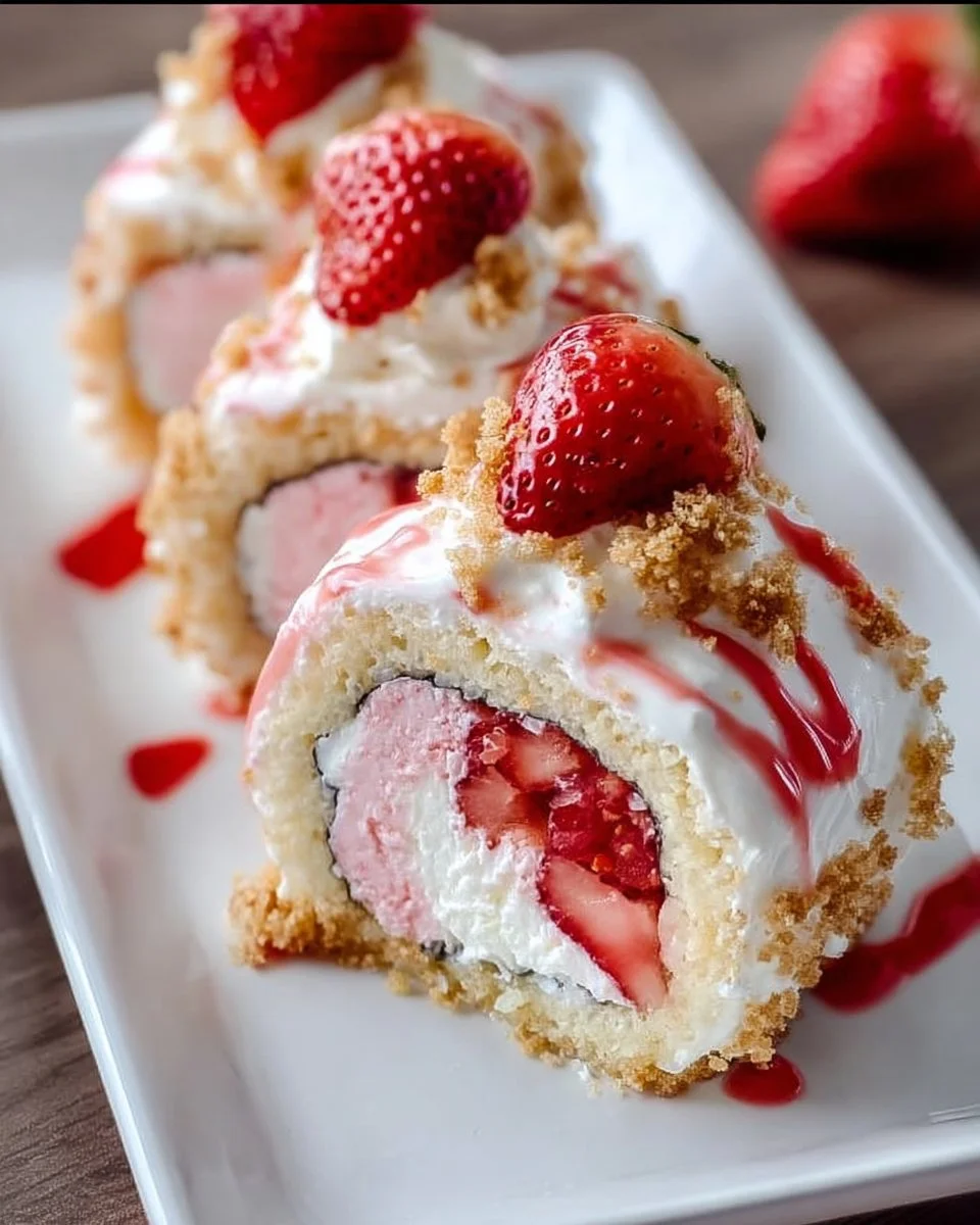 Strawberry Shortcake Cheesecake Sushi Rolls topped with fresh strawberries and cream.