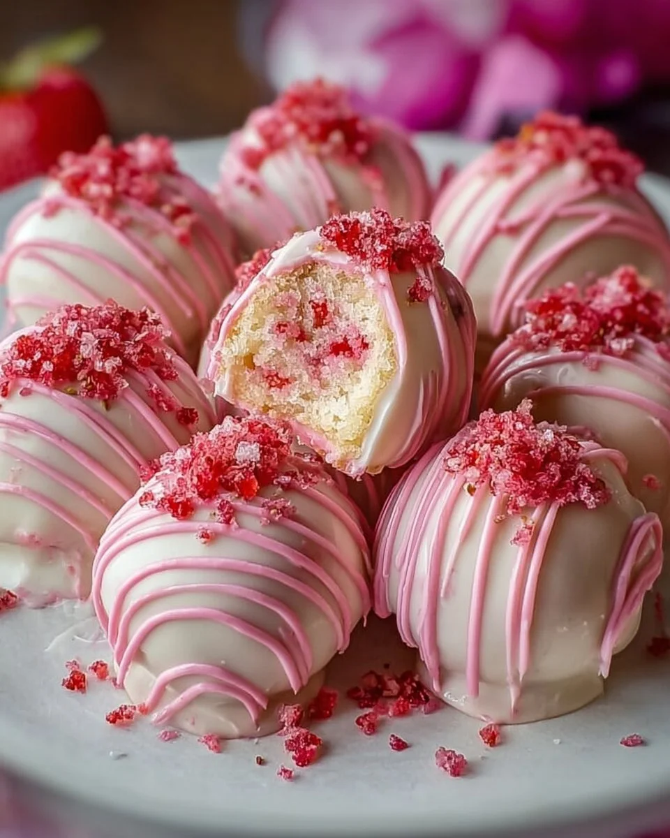 Strawberry Shortcake Cheesecake Truffles beautifully arranged on a plate