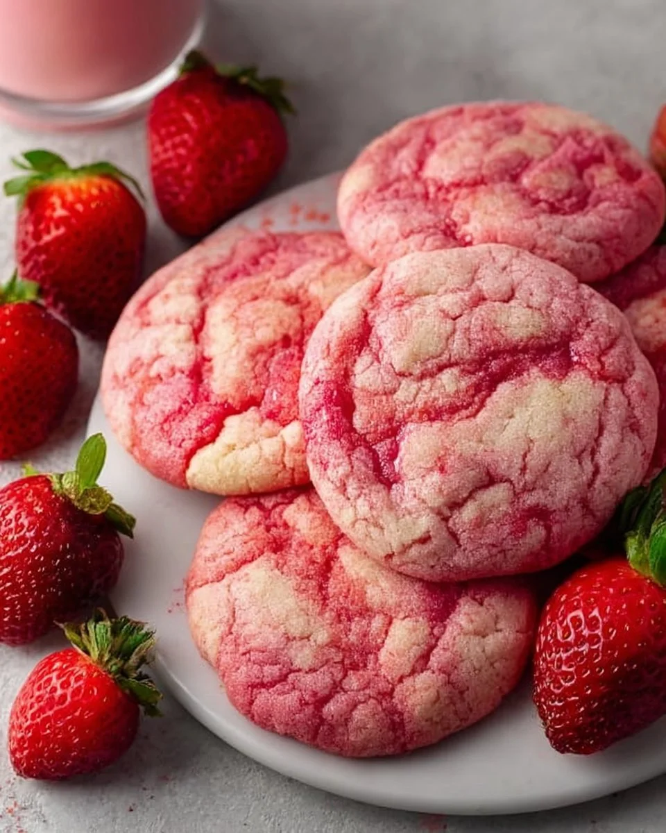 Delicious soft and chewy vegan strawberry sugar cookies on a plate.