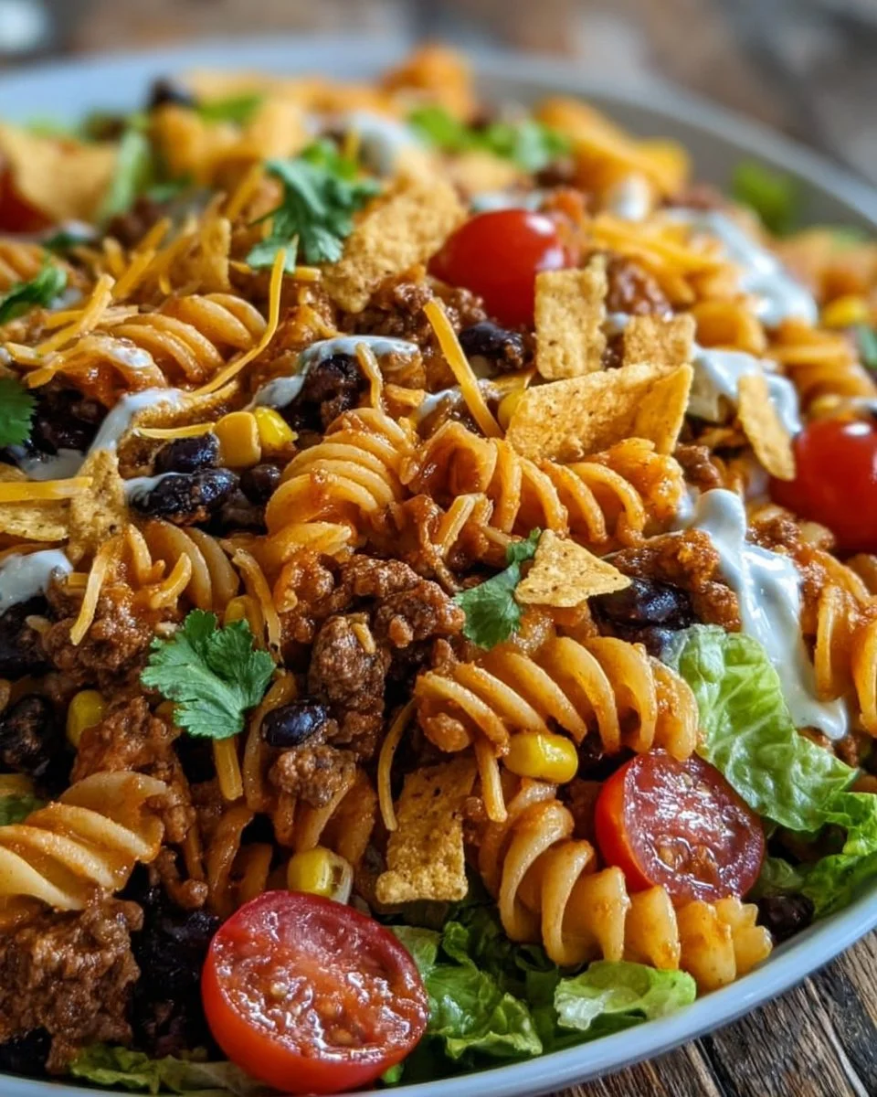 Colorful Taco Pasta Salad with beans, cheese, and fresh vegetables.