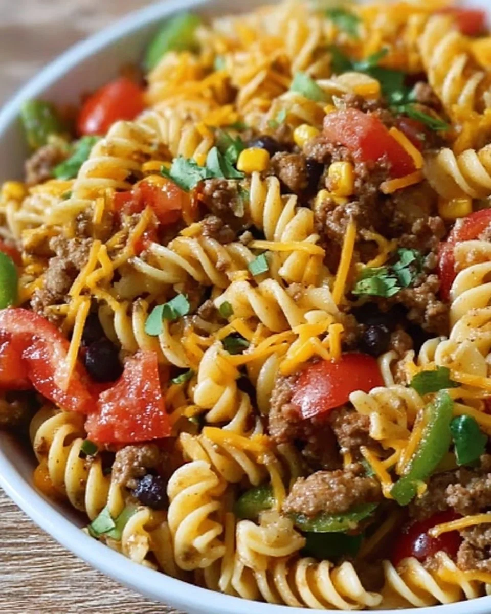 Colorful Taco Pasta Salad with fresh veggies and toppings in a serving bowl