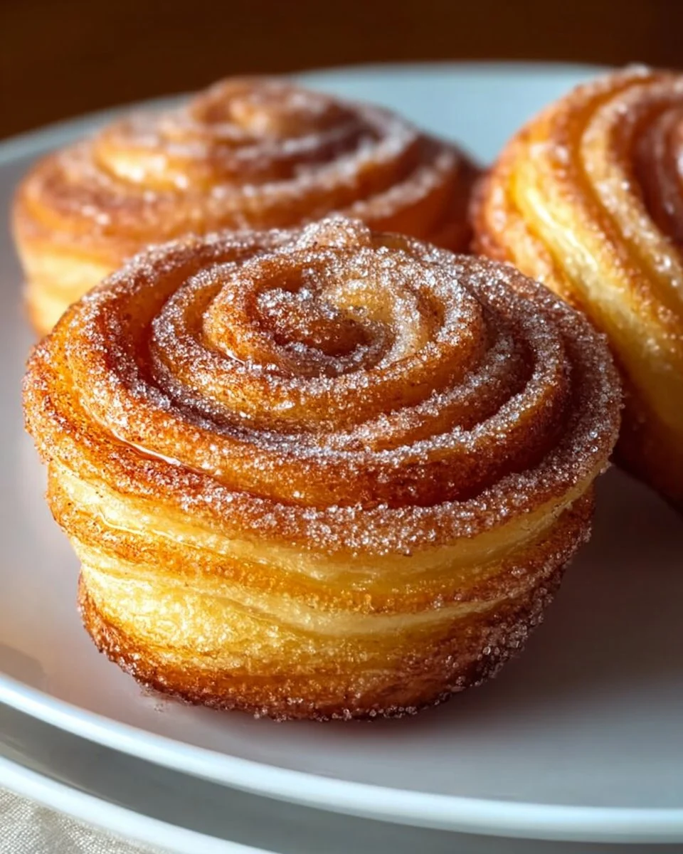Delicious churro cruffins topped with cinnamon sugar and served warm
