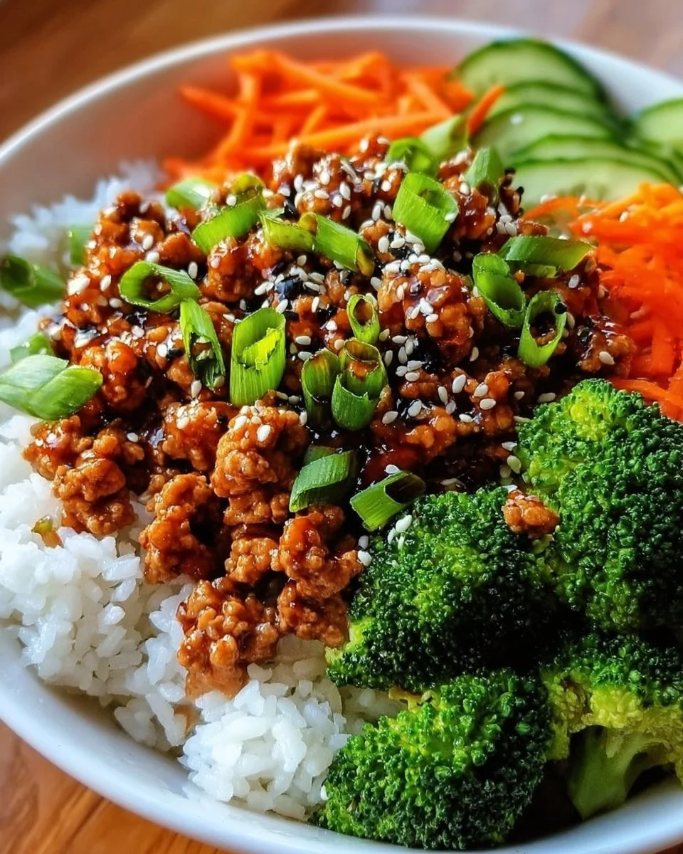 Delicious teriyaki ground turkey bowl with vegetables and rice