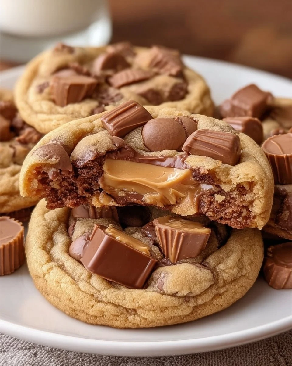 Triple Reese's Peanut Butter Cookies with chocolate drizzle on a plate
