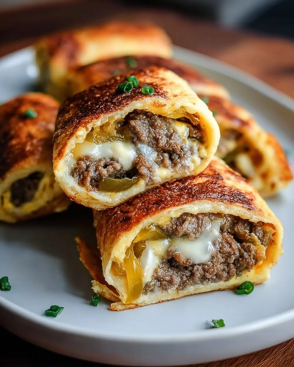 Delicious Keto Philly Cheesesteak rolls served on a plate with melted cheese.
