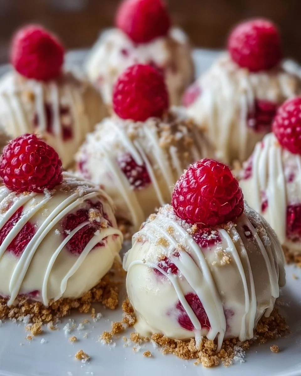 White chocolate raspberry cheesecake balls on a decorative plate